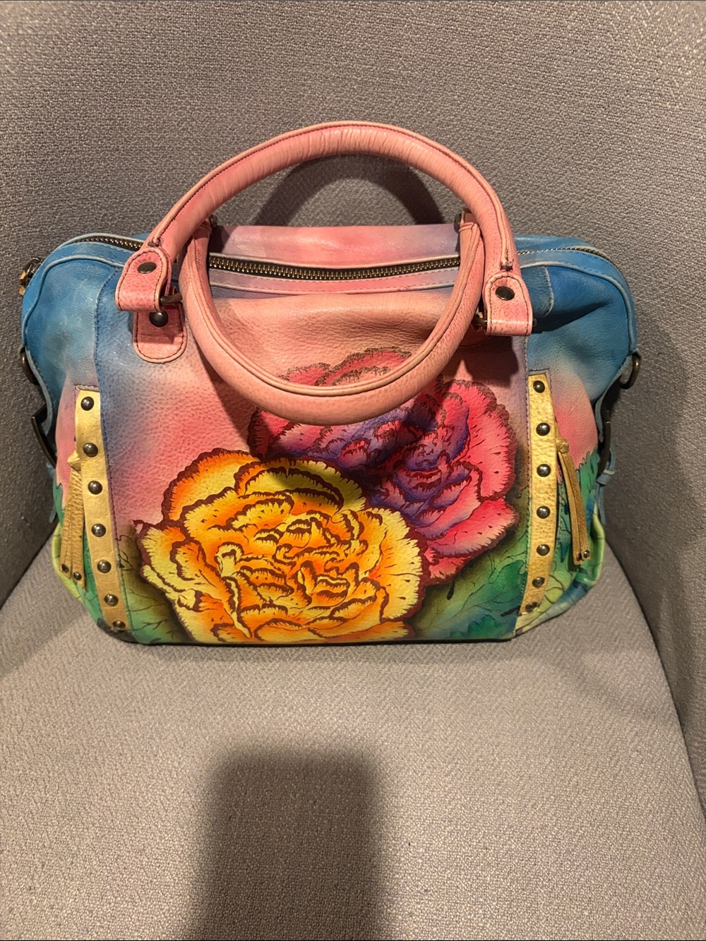 ANUSHKA Floral Leather Satchel Handbag - Pink, Yellow, Blue